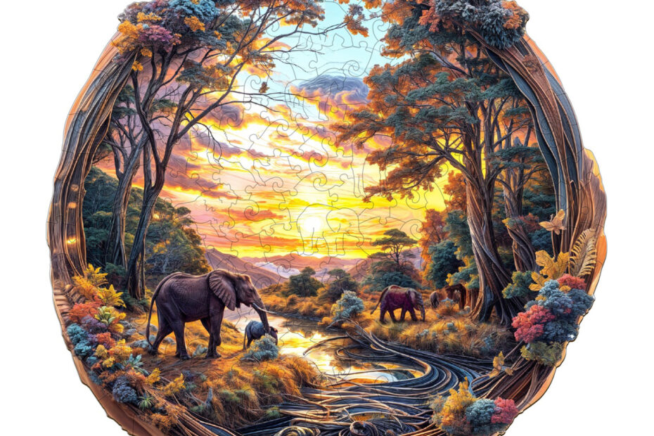 Tre puslespill-elefant ved solnedgang 66ea155d2d3c3