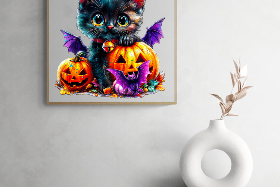 Fortryllende Halloween puslespill: Søt svart katt med gresskar og flaggermus 66e03d948d7d0