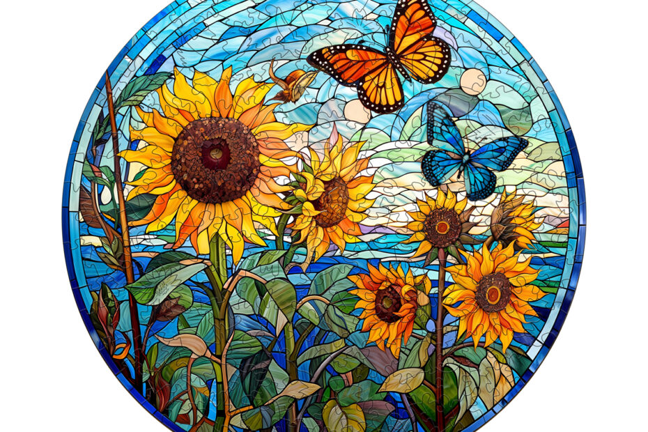 Tre puslespill – Solsikke i farget glass 66d45a403cf87